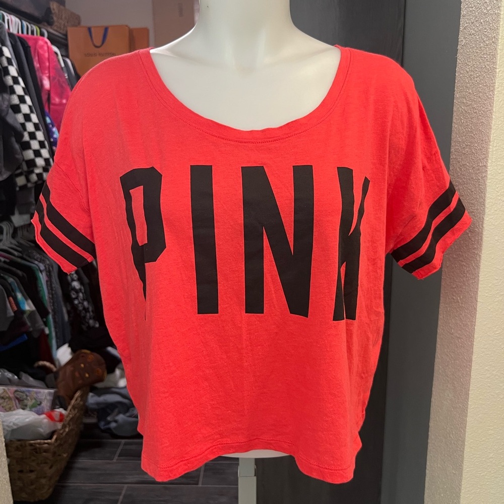 PINK Red & Black Crop Short Sleeve Top